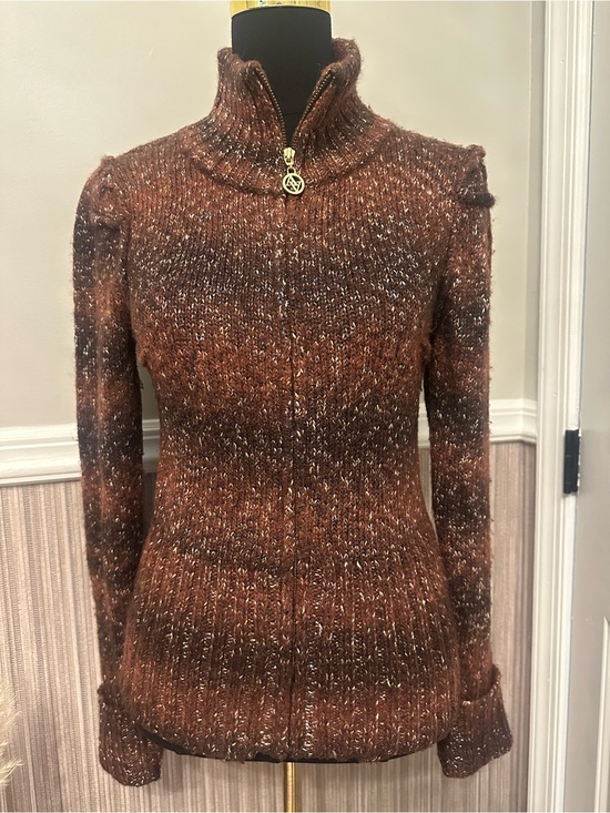 Adrienne Vittadini Sweaters - Adrienne Vittadini Studio M Brown Metallic Wool Blend Zip Cardigan Sweater